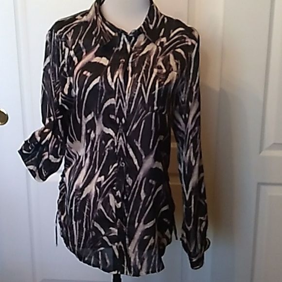 CALVIN KLEIN BLOUSE TOP RUCHED SIDES BUTTON UP SLEEVE ANIMAL PRINT - Picture 5 of 10